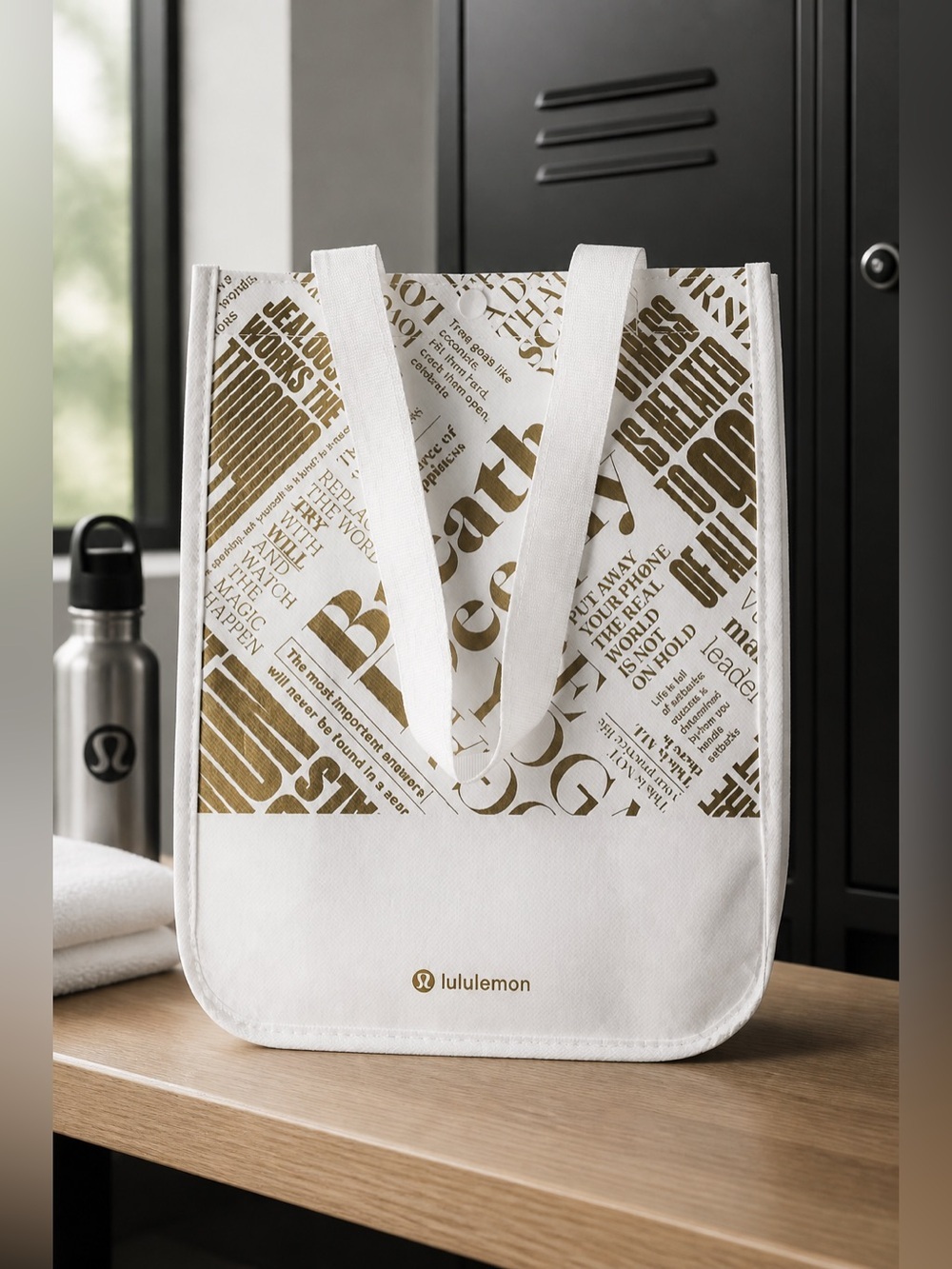 NWOT Lululemon Reusable White Bag Tote with Gold Logo & Snap Closure Waterproof